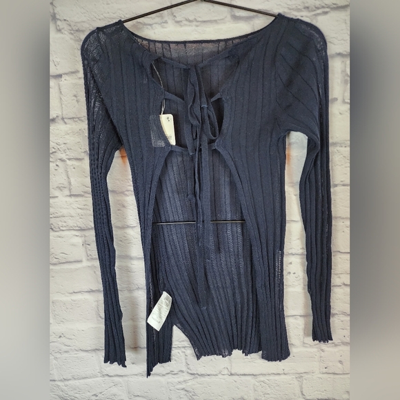Free People navy ribbed boho open tie front shirt XSmall NEW - Picture 1 of 8
